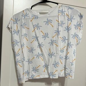 Zara White Tee with Blue Palm Print and Yellow Accents